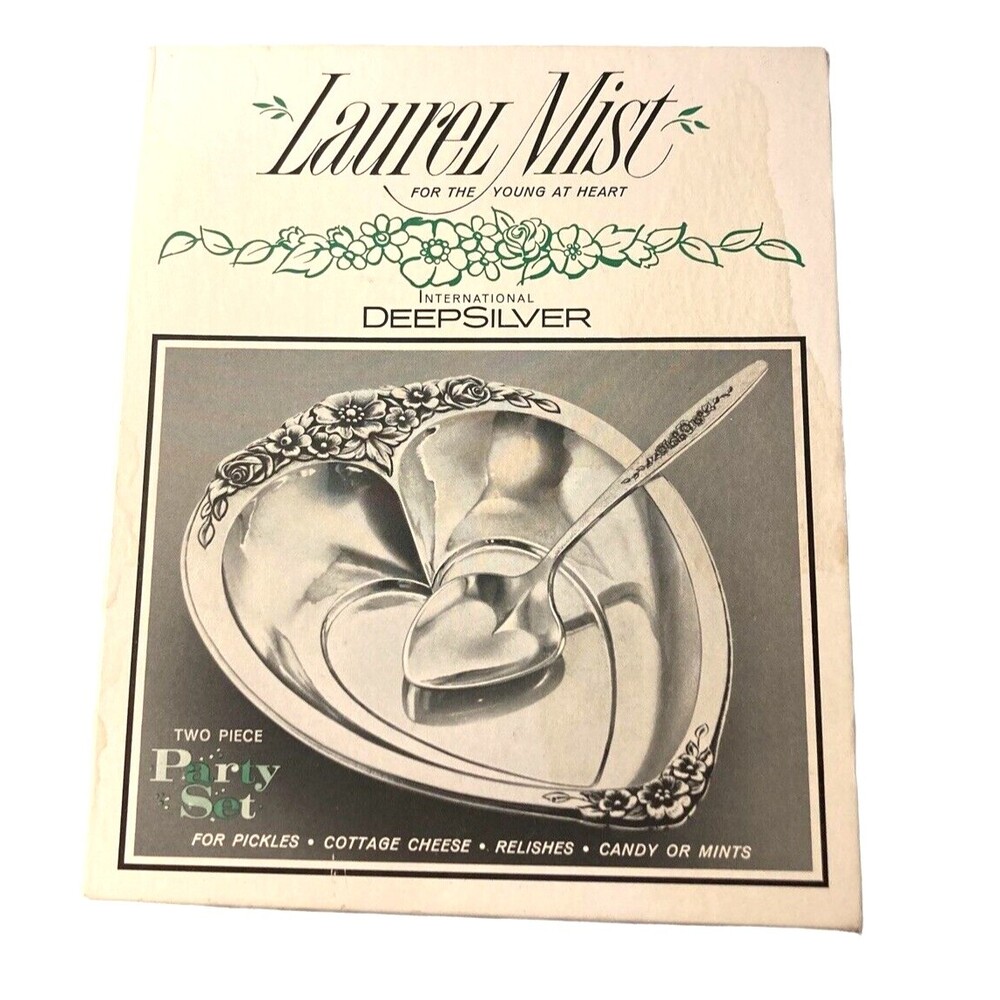 Laurel Mist International Deep Silver Inlaid Serving Spoon & Dish vintage
